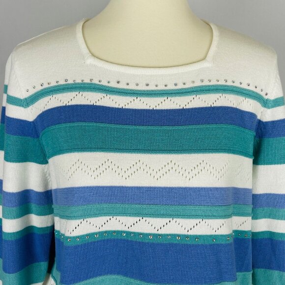 Alfred Dunner 3/4 Sleeve Sweater Sz M Stripes 3D Stitch Iridescent Beads Beach - Picture 1 of 6